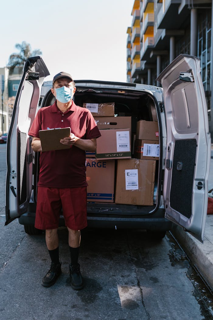 Delivery worker wearing mask, standing by van with packages on city street. Ideal for transport, logistics themes.